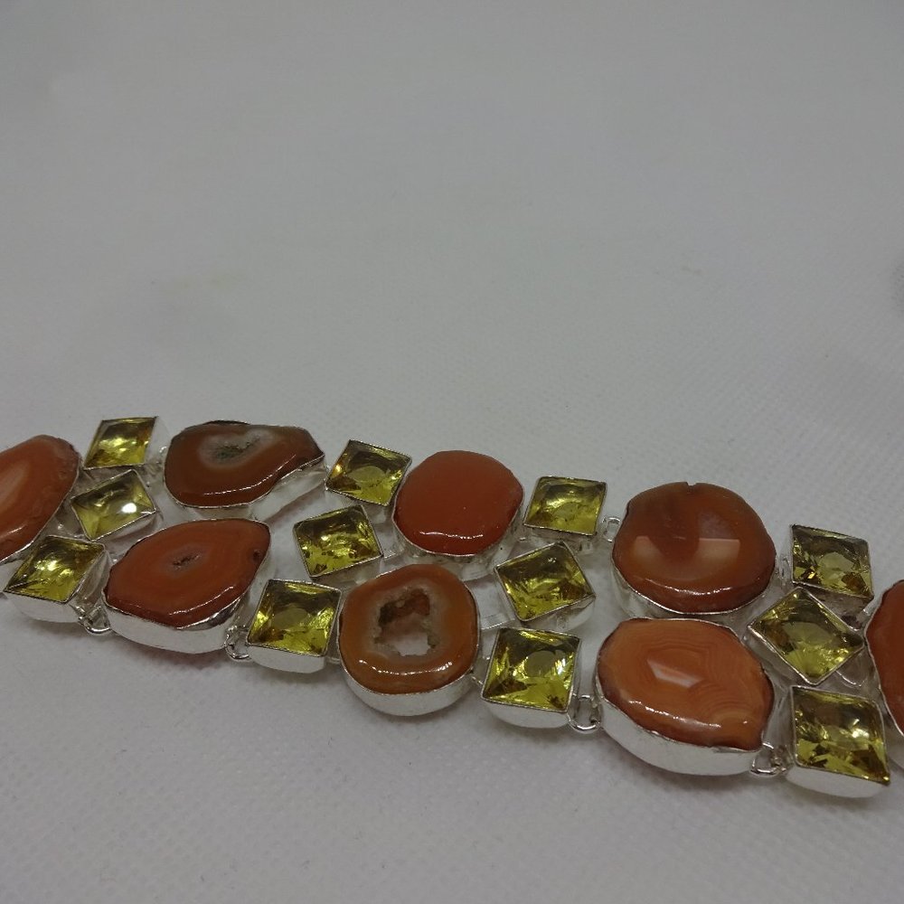 Gorgeous "SOLAR AGATE & CITRINE" Handmade Sterling Bracelet 7.5" #216A